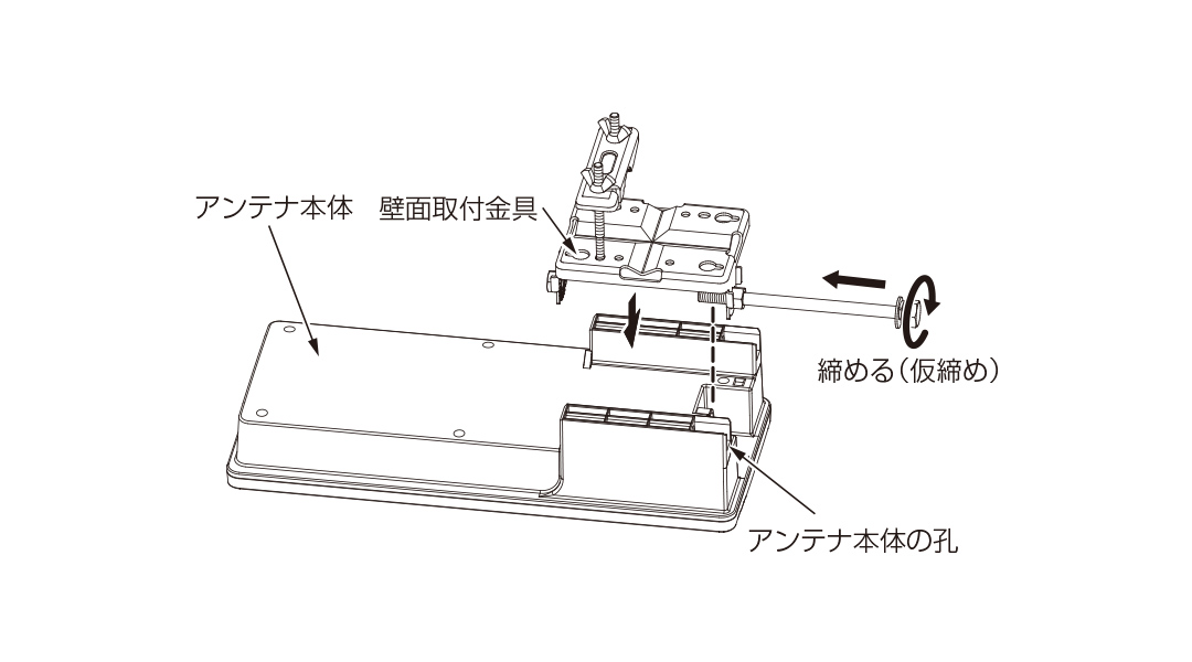 2.壁面取付金具をアンテナ本体にはめて、ボルトをアンテナ本体の孔に通し仮締めする