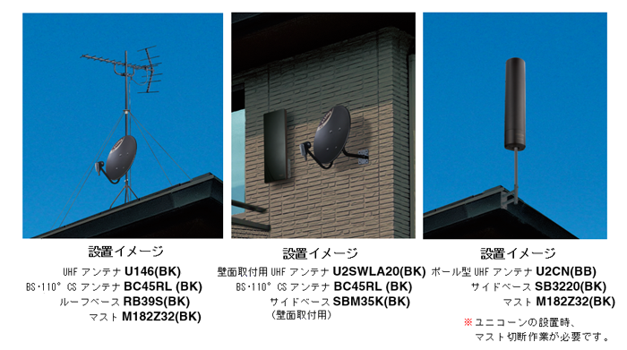 ブラック色の家庭用UHFアンテナとアンテナアクセサリー設置例